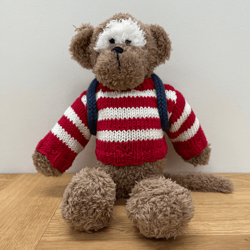 frankie the monkey knitted teddy for a knitting gift